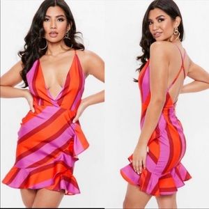 Missguided Red and Pink Striped Frill Dress